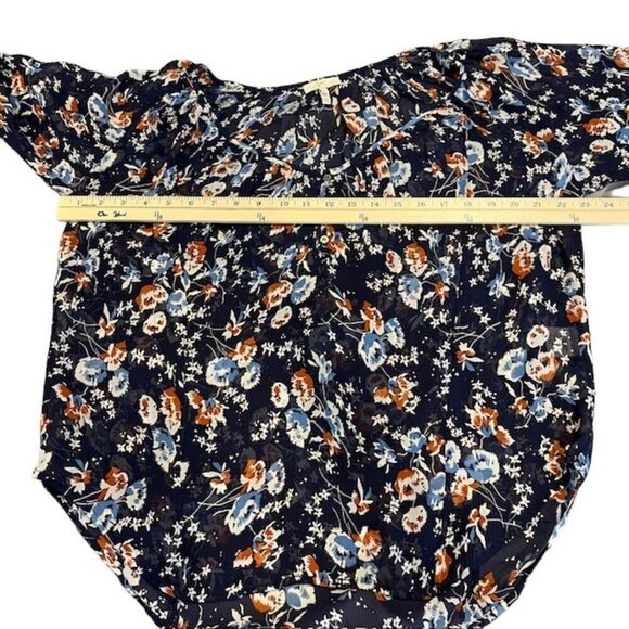 Joie Silk Floral Sheer Blouse Navy Blue Rust Button Front Wide Neck Oversized XS - Picture 7 of 10